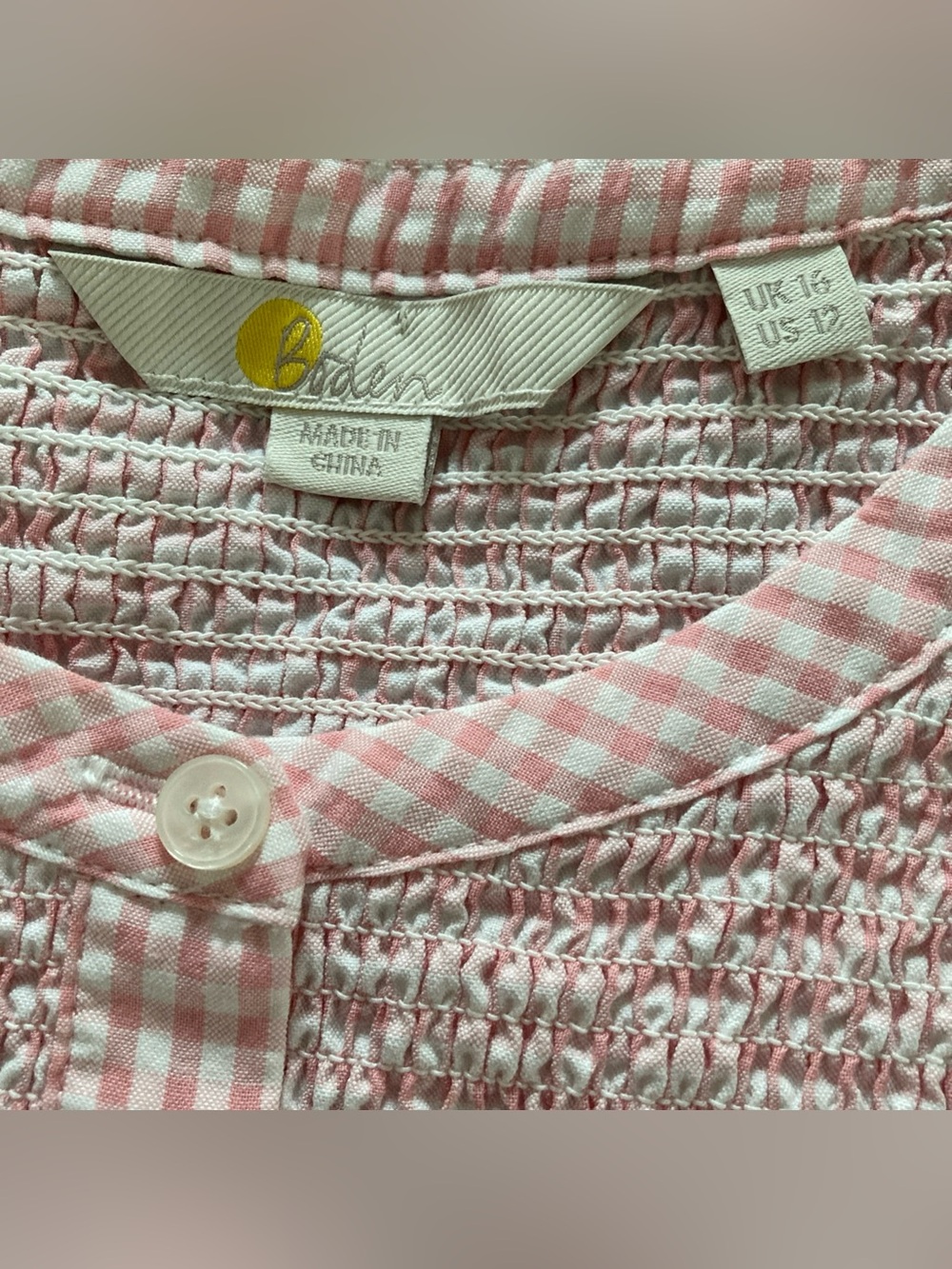 Boden Pink Gingham Smocked Puff Sleeve Blouse - Picture 3 of 6